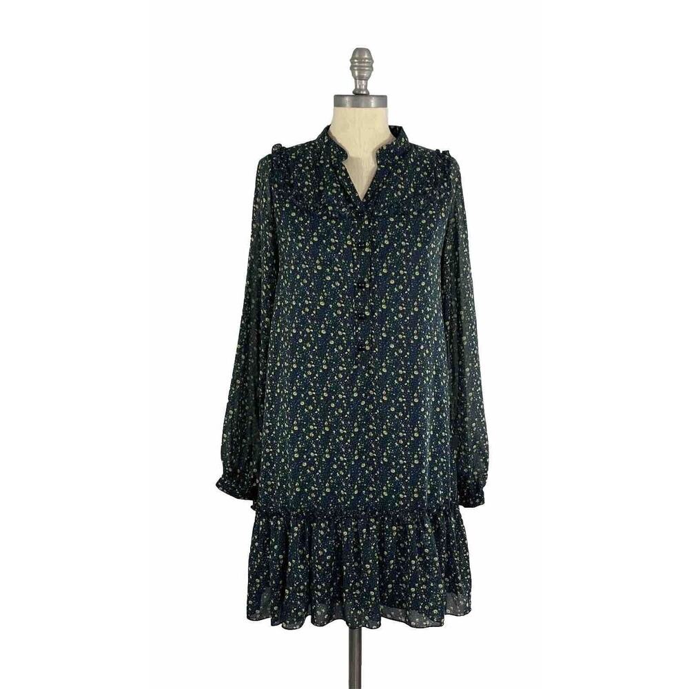 Sonic Youth Dress Long Sleeve Floral Print Mini Dress Tiered Ruffle V-Neck Small